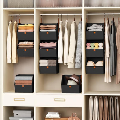 Collapsible Hanging Closet Organizer - 6 Tier Closet Shelves Storage System with Hooks, Fabric Hanging Storage Bins for Clothes, Foldable Storage Basket for Laundry, Bedroom, Rv, Black
