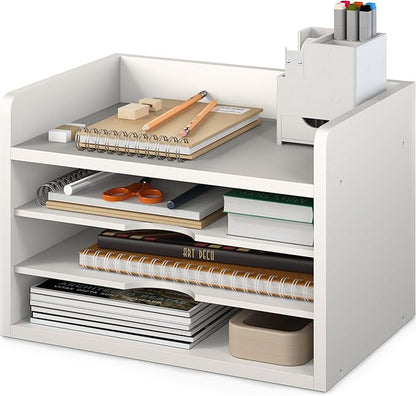Ballucci File Organizer, 4-Tier Office Desk Organizer, Open Top Wood Paper Organizer for Classroom, Desktop Mail Sorter Paper Tray, White