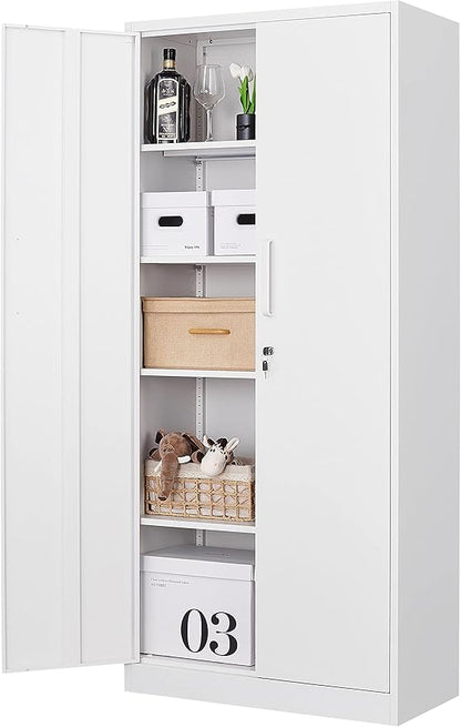 Metal Storage Cabinet-71” Tall Steel File Cabinets with Lockable Doors and Adjustable Shelves-White Steel Storage Cabinet for Home, School, Office, Garage