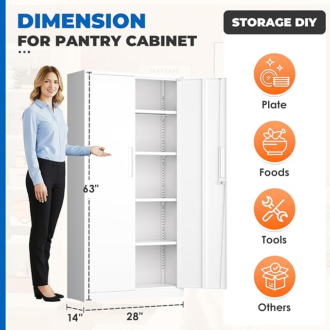 INTERGRAET 63" H Pantry Cabinet, Kitchen Pantry Storage Cabinets with 2 Doors and 4 Shelves,White Metal Storage Cabinet,Cupboard for Home,Kitchen,Living Room/Dining