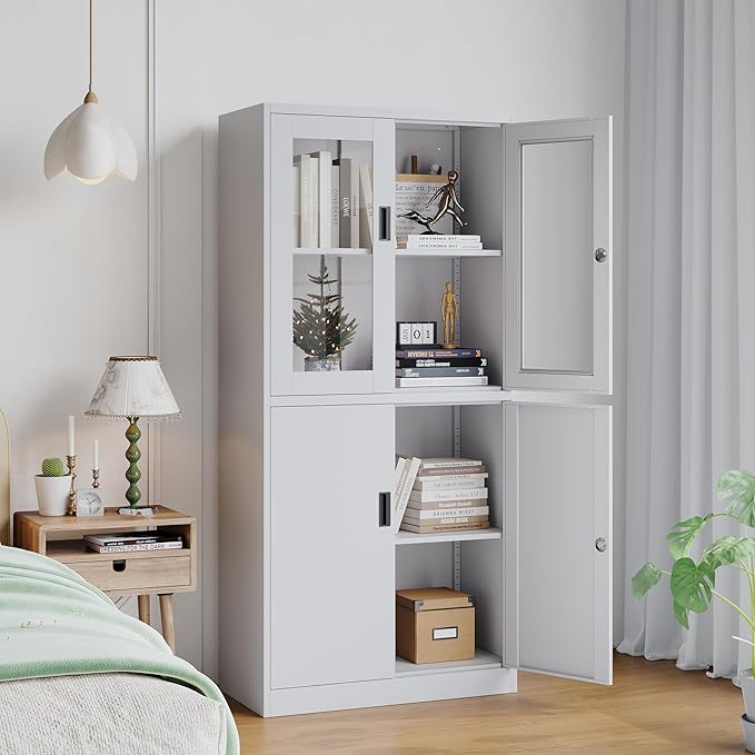 Metal Storage Cabinet with Glass Doors, Lockable Office Cabinet, Tall Steel Locker with Adjustable Shelves for Home Office,School, Kitchen and Hospital (White)