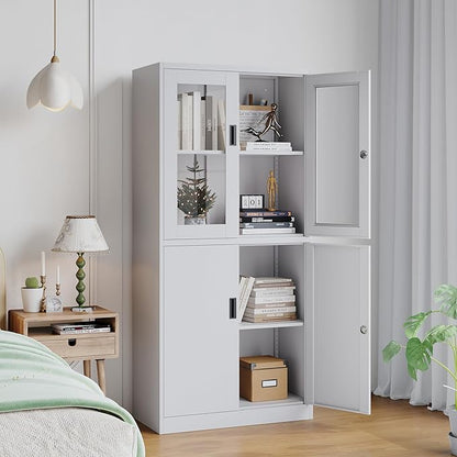 Metal Storage Cabinet with Glass Doors, Lockable Office Cabinet, Tall Steel Locker with Adjustable Shelves for Home Office,School, Kitchen and Hospital (White)