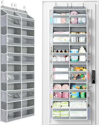 Yecaye 6-Tier Over The Door Organizer Dual-Column of 12 Compartments, College Dorm Essentials with Clear PVC Windows, Heavy Duty Door Organizer Hanging for Bedroom Closet Bathroom Pantry Nursery, Gray