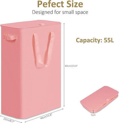 efluky Slim Laundry Basket with Lid, Narrow Laundry Hamper with Handles, Collapsible Dirty Clothes Hamper, Tall Laundry Bin for Laundry Room, Dorm and Bedroom, 55L Pink