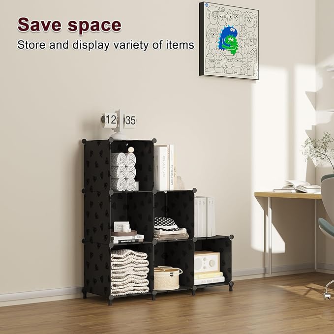 UNKU Cube Storage Organizer, 6 Cube Closet Organizer Storage Shelves, DIY Stackable Bookcase, Clothes Organizer Shelf for Closet, Bedroom, Living Room, Cabinet, Home, Office, Black