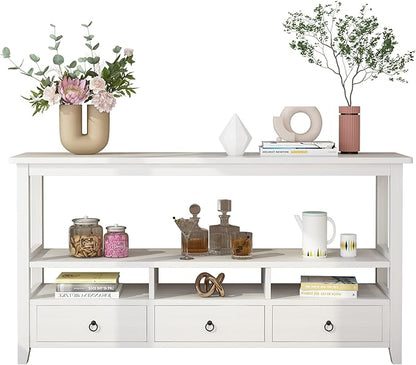 VINGLI 58" Console Table, Long Entryway Table with 3 Drawers & 2 Storage Shelves, Vintage Sofa Table Behind Couch, TV Stands for Living Room, Entryway, Hallway, Foyer, Office, White