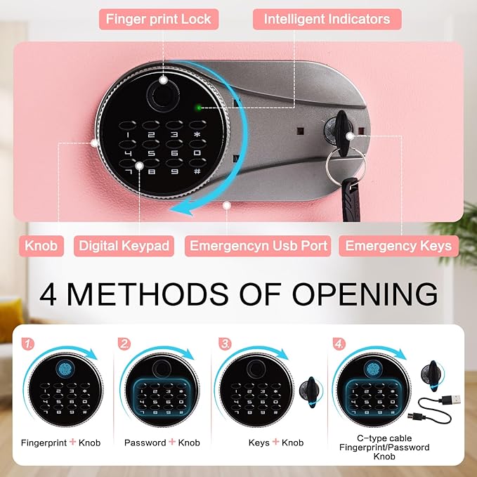 0.6 Cubic Feet Biometric Safe, Fingerprint Safe W/Fireproof Bag, Removable Shelf, Alarm System, Digital Electronic Money Box for Cash, Document, Home, Hotel Use,Pink, 9.84"D x 13.78"W x 9.84"H