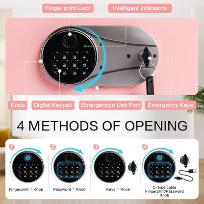 0.6 Cubic Feet Biometric Safe, Fingerprint Safe W/Fireproof Bag, Removable Shelf, Alarm System, Digital Electronic Money Box for Cash, Document, Home, Hotel Use,Pink, 9.84"D x 13.78"W x 9.84"H
