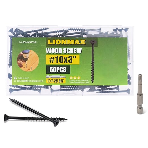 LIONMAX Deck Screws 3 Inch, Wood Screws #10 x 3, 50 PCS, Rust Resistant, Exterior Epoxy Coated, Outdoor Decking Screws, Torx/Star Drive Head Screw, T25 Star Bit Included, Black