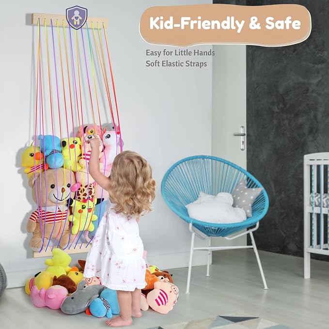 Stuffed Animal Storage Wood Soft Toy Organizer for Kids Room，Cute and Durable Wall or Door Mount Length Adjustable Hanging Stuffed Animal Toy Organizer Shelf for Nursery Play Room Rainbow -Patent