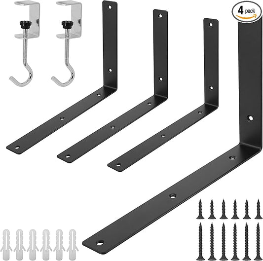 L Floating Shelf Brackets,4 Pack Heavy Duty L Brackets for Shelves, L 12" X H 8" Black Metal Countertop Support Brackets,Wall Mounting for Wood