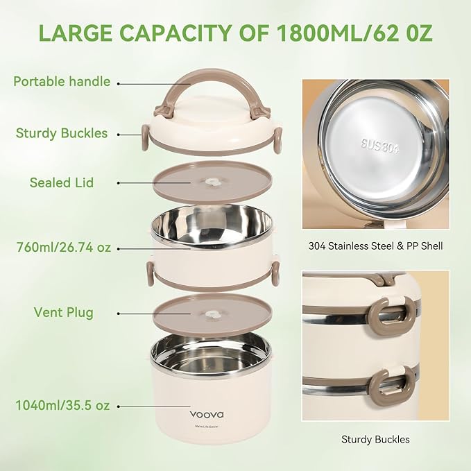 Voova Stackable Stainless Steel Thermal Lunch Box with Lunch Bag for Women Men Adult, 2 Tier Leakproof & Microwave Safe Insulated Bento Boxes Food Container for Work, Beige