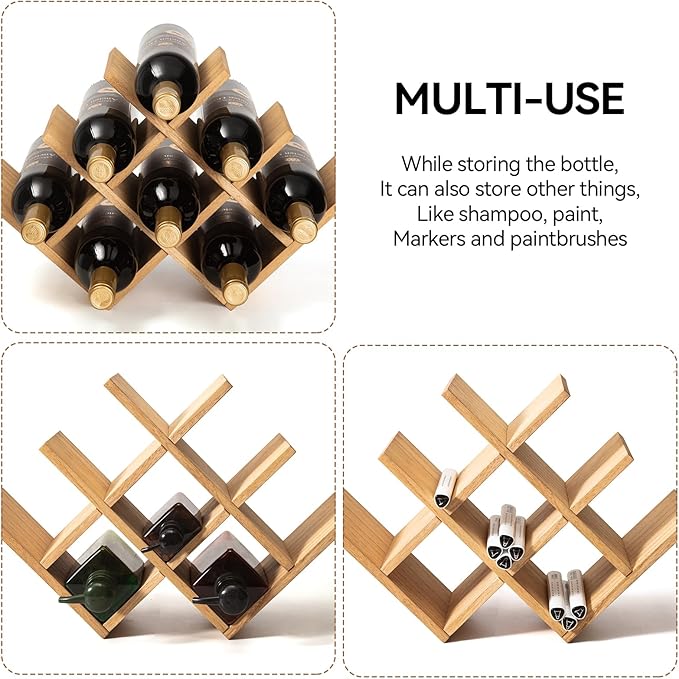 KIRIGEN Wooden 8-Bottle Wine Rack - 3-Tier Wood Wine Display Rack/Standing and Countertop Wine Storage Shelf - Bottle Holder/Cabinet Glass Rack Natural XHJJ3-NA