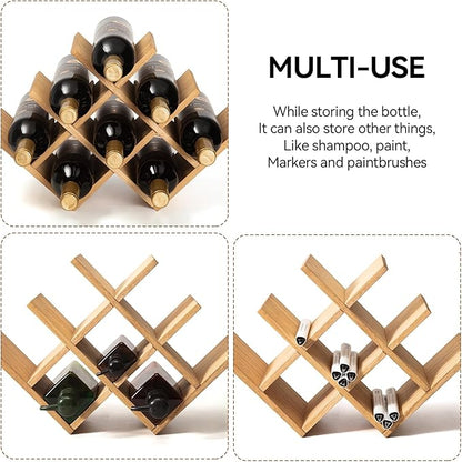 KIRIGEN Wooden 8-Bottle Wine Rack - 3-Tier Wood Wine Display Rack/Standing and Countertop Wine Storage Shelf - Bottle Holder/Cabinet Glass Rack Natural XHJJ3-NA