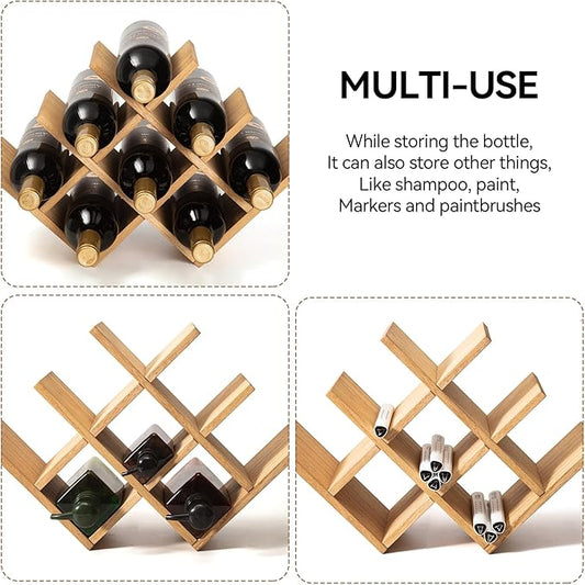 KIRIGEN Wooden 8-Bottle Wine Rack - 3-Tier Wood Wine Display Rack/Standing and Countertop Wine Storage Shelf - Bottle Holder/Cabinet Glass Rack Natural XHJJ3-NA