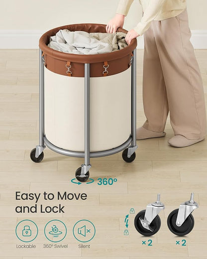 SONGMICS 29-Gallon (110 L) Laundry Basket with Wheels, Rolling Round Heavy-Duty Laundry Hamper Cart with Steel Frame and Removable Bag, 2 Locking Wheels, Coffee Brown and Cream White URLS002KQ02