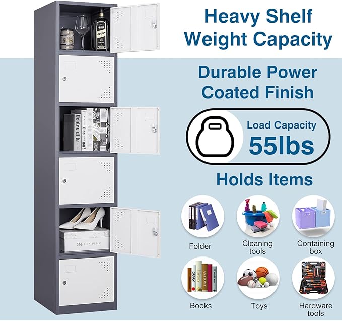 Metal Locker Cabinet with 6 Doors, 71" Storage for Employees, 6 Tier Steel Locker with Lock and Keys for School, Gym, Home, Office Staff (Grey White)
