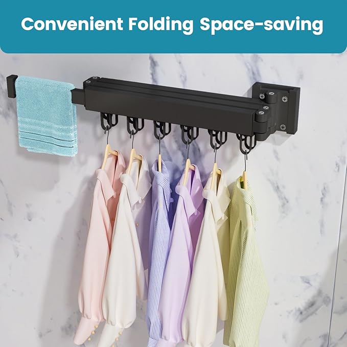 Abiglifty Clothes Drying Rack Wall Mounted, Laundry Drying Rack Collapsible, Foldable & Retractablewith 18 Hooks for Indoor/Outdoor Use inLaundry Room, Bathroom & Balcony (Black)
