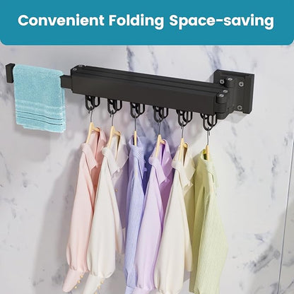 Abiglifty Clothes Drying Rack Wall Mounted, Laundry Drying Rack Collapsible, Foldable & Retractablewith 18 Hooks for Indoor/Outdoor Use inLaundry Room, Bathroom & Balcony (Black)