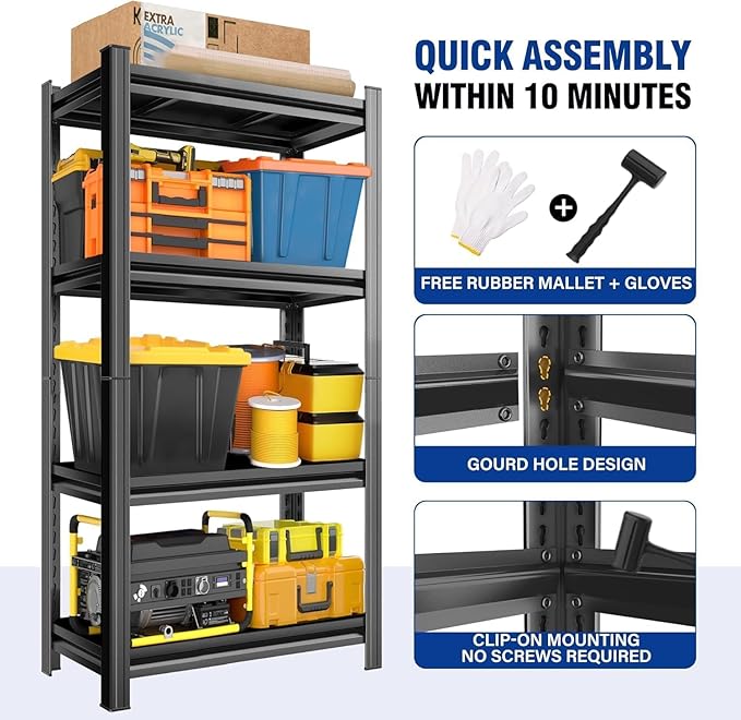 Metal Garage Shelving Unit,Heavy Duty 4-Tier Adjustable Storage Shelves,3000 lbs Capacity,Industrial Shelves for Heavy Tools and Equipment,for Garage,Basement (Black, 35.4" Wx13.8 Dx63 H)