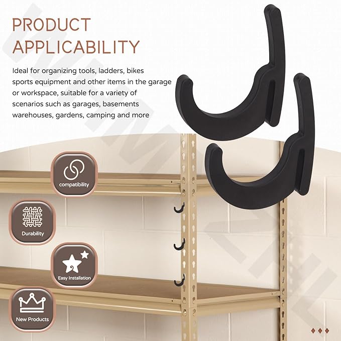 Universal Hooks for Garage Shelving and Industrial Storage Racks Compatible with Keyhole Slots, Including J&L Heavy-Duty Hooks for Garage Shelving - UV-Resistant, Holds up to 40 lbs.