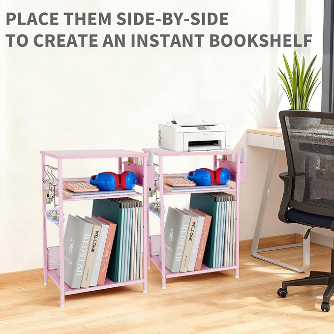 Small Under Desk Storage, Pink Printer Stand with Storage Shelf, 3-Tier Height Adjustable Printer Table with Basket & 3 Hooks for Home Office Fax Machine Scanner Files