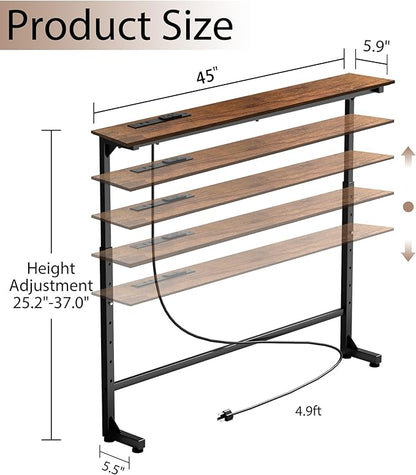 45 inch Narrow Console Table with Outlet,Adjustable Height(25"-37") Behind Sofa Table,Couch Behind Table Skinny,Couch Shelf with Charging Station,Long Entryway Tables for Living Room,Brown