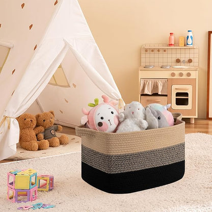 OIAHOMY Woven Storage Basket, Cotton Rope Baskets for Toys,Towel, Clothes, Used to Bathroom,Living Room,Nursery,Bedroom, 16"x12"x10"- Pack of 3, Black & Brown