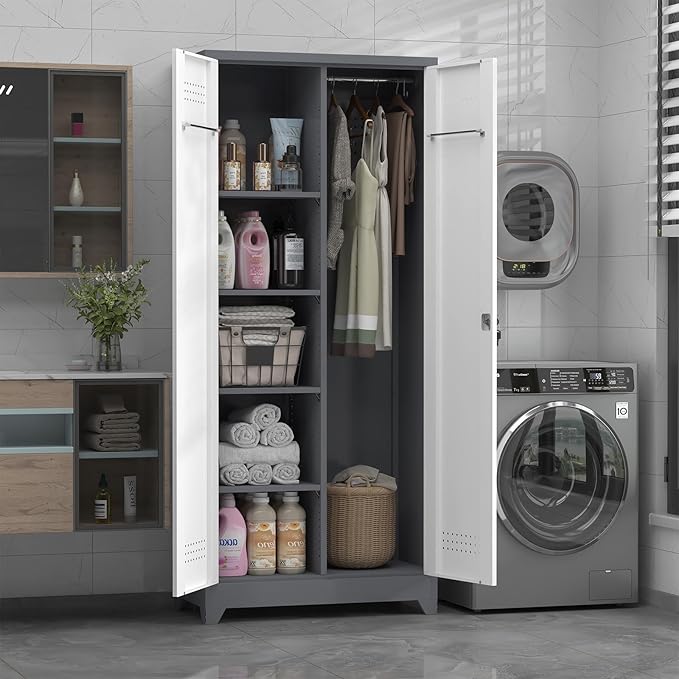 72.8" H Metal Garage Storage Cabinets with Doors and Shelves, Broom Closet Storage Cabinet, Tool Cabinets with Hanging Rod, Cleaning Storage Cabinets for Garage,Bedroom Office Grey&White