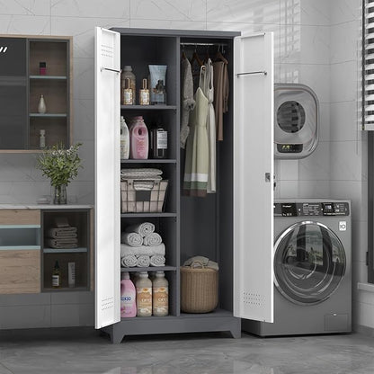 72.8" H Metal Garage Storage Cabinets with Doors and Shelves, Broom Closet Storage Cabinet, Tool Cabinets with Hanging Rod, Cleaning Storage Cabinets for Garage,Bedroom Office Grey&White