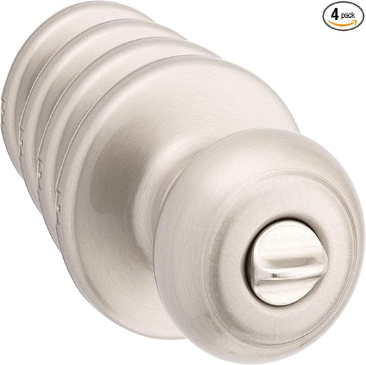 Kwikset Cove Interior Privacy Door Knob with Lock, Door Handle for Bathroom and Bedroom, Satin Nickel Keyless Turn Lock Doorknob, with Microban Protection (Pack of 4)