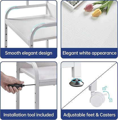 White Printer Stand with Storage, 3 Tier Printer Table with Height Adjustable Shelf, Rolling Printer Cart with Wheels for Home Office Organization