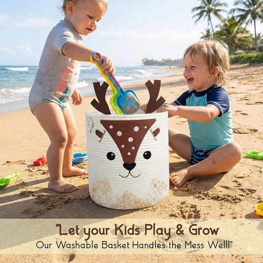 Kids Laundry Hamper & Toy Storage Organizer | Large Deer Woven Cotton Rope Bin for Stuffed Plushies | Cute Animal Design basket with Cutout Handles for Nursery, Playroom & Kid’s Bedroom (Deer)