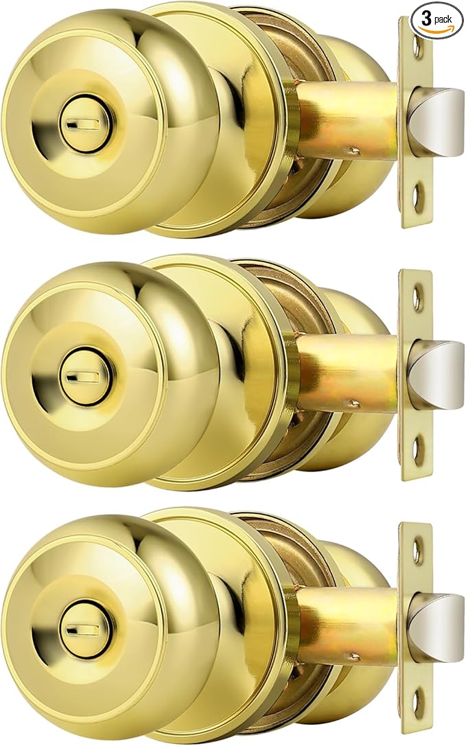 Probrico Polished Brass Privacy Door Knobs,Interior Door Knob for Bedroom and Bathroom Keyless Door Locksets, 3 Pack