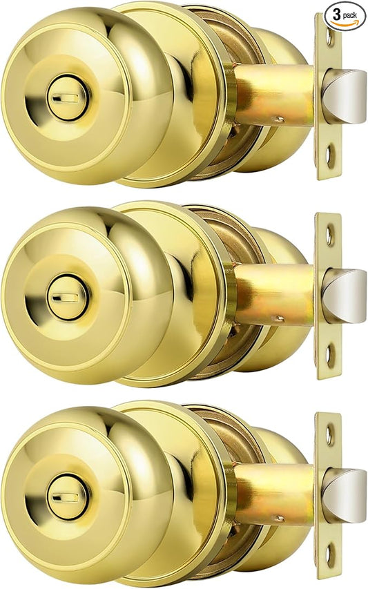 Probrico Polished Brass Privacy Door Knobs,Interior Door Knob for Bedroom and Bathroom Keyless Door Locksets, 3 Pack