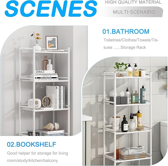 5 Tier Bathroom Storage Open Shelf Unit, Free-Standing Metal Corner Rack Shelving for Kitchen, Living Room, Hallway (White, Wider 5 Tier)