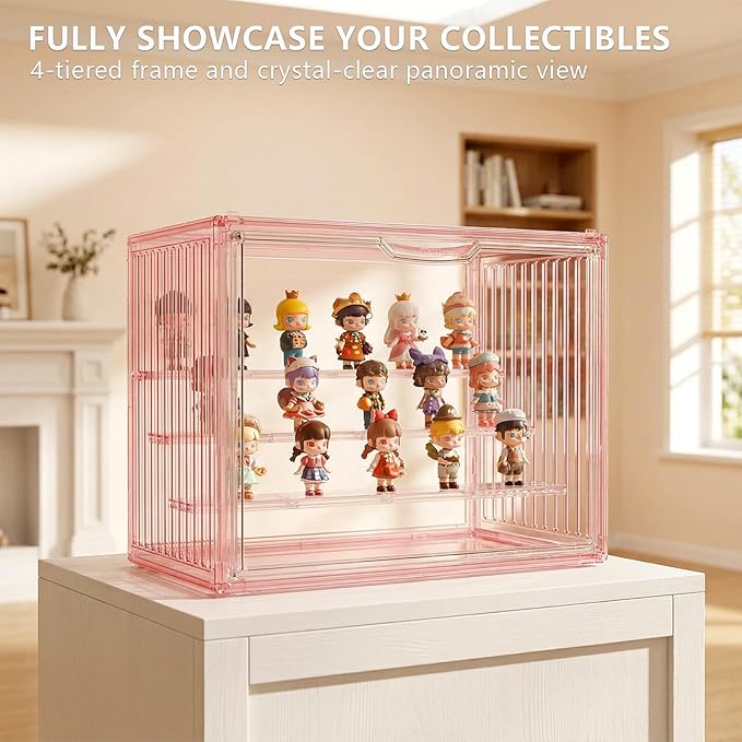 Clear Doll Display Box Compatible with Labubu - Stackable Organizer for 15-17cm Dolls & Accessories, Transparent Display Case for Collectibles, Action Figures, and Toy Clothes (Pink)