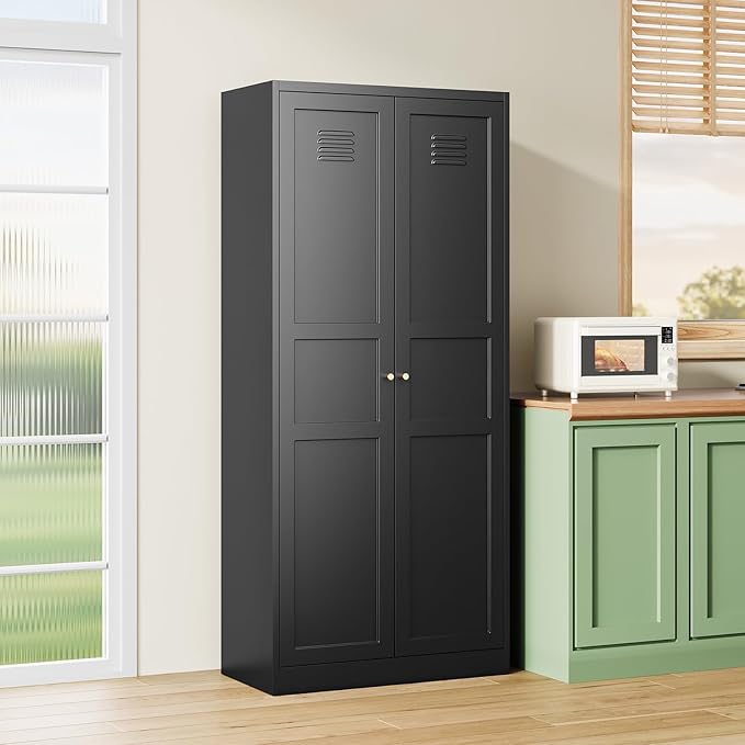 MIIIKO Metal Pantry Cabinet, Utility Storage Cabinets with 2 Doors and 5 Shelves, Freestanding Black Tall Cupboard for Garage, Shop, Laundry Room and Office, 71" H x 15.7" D x 31.5" W