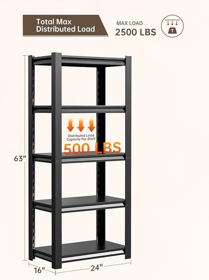 JHYKHG 63" H Storage Shelves,5-Tier Heavy Duty Garage Shelving,Adjustable Shelving Unit,Metal Shelf,Boltless Assembly Rack for Warehouse,Shed,2,500 lb Load,16 x 24 x 63 Inches,Black