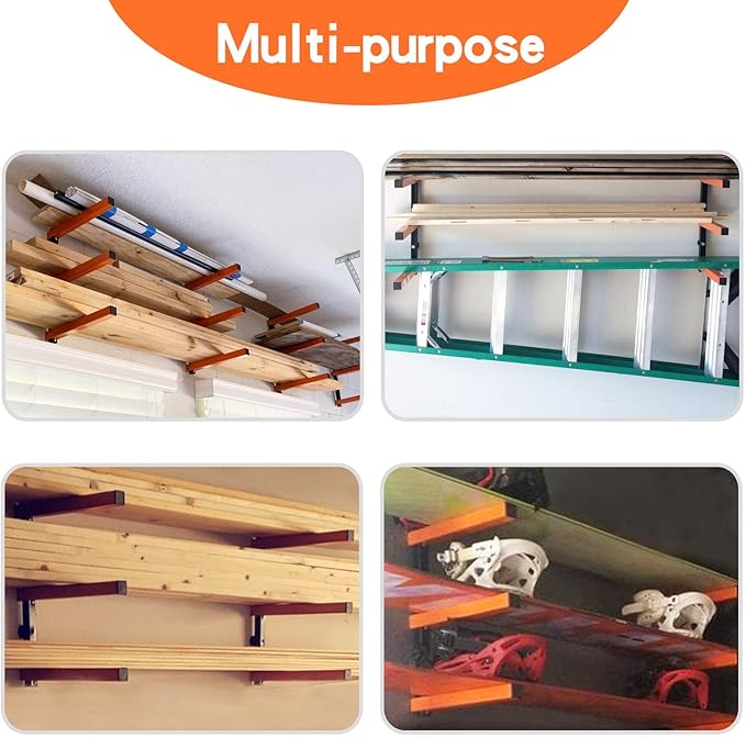BeBecome Lumber Storage Rack Wall Mounted, 4 pcs Heavy Duty Utility Rack for Garage & Warehouse, Metal Wood Organizer for Lumber, Pipes, Long Items, Space Saving Wall Storage System