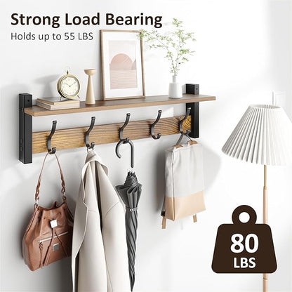 Coat Rack Wall Mount with Shelf, 24 Inch Coat Hanger Walls Mounted, Hat Rack for Walls, Shelf with 5 Coat Hooks, Wall Hanger for Entryway (Brown)