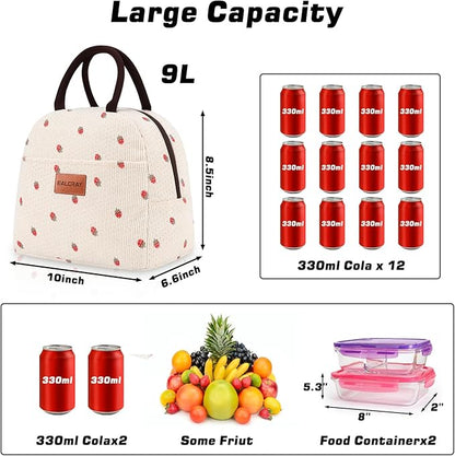 BALORAY Lunch Bag for Women Men Insulated Lunch Box for Adult Reusable Lunch Tote Bag for Work, Picnic or Travel (Corduroy Beige with Strawberry)