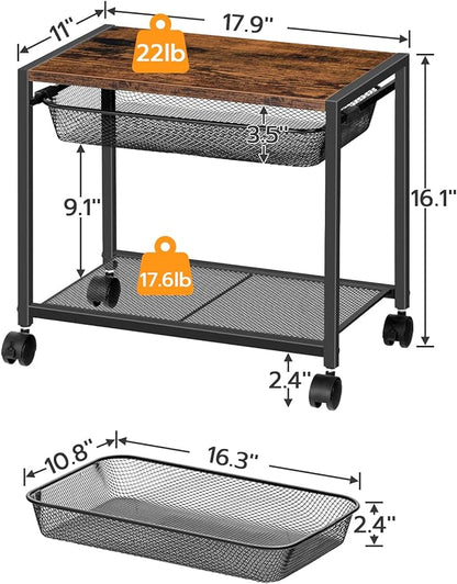 HOOBRO Under Desk Printer Stand, Industrial Printer Cart with Storage Shelf, 2-Tier Mobile Printer Table on Wheels, Heavy Duty Machine Storage Rack for Office and Home Rustic Brown + Black BF12PS01