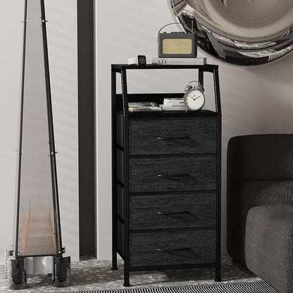 Dresser with 4 Drawers, Fabric Storage Tower for Bedroom, Black Clothes Storage Drawers, Vertical Closet Organizer for Kids Room, Entryway, Nightstand Bedside Table, Sturdy Steel Frame & Wooden Top