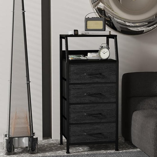 Dresser with 4 Drawers, Fabric Storage Tower for Bedroom, Black Clothes Storage Drawers, Vertical Closet Organizer for Kids Room, Entryway, Nightstand Bedside Table, Sturdy Steel Frame & Wooden Top