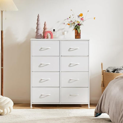 Sweetcrispy Dresser for Bedroom, Chest Organizer Unit with 8 Fabric Bins, Fabric Storage Tower, Drawer Organizer with Steel Frame, Wooden Top for Living Room, Closet