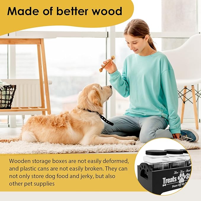 Dog Treat Container with 3 Plastic Treat Jars Wood Dog Food Container with Handles Dog Food Storage Container Decorative Cat Food Container for Dog Food Storage (Black)