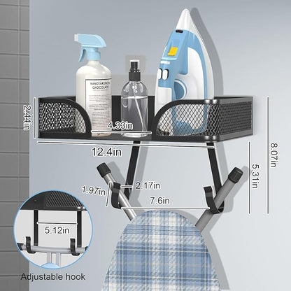 Ironing Board Holder Wall Mount, Ironing Board Hanger, Laundry Room Decor Organization and Storage with Large Storage Grid Base Basket and Hooks(T&V Shaped)
