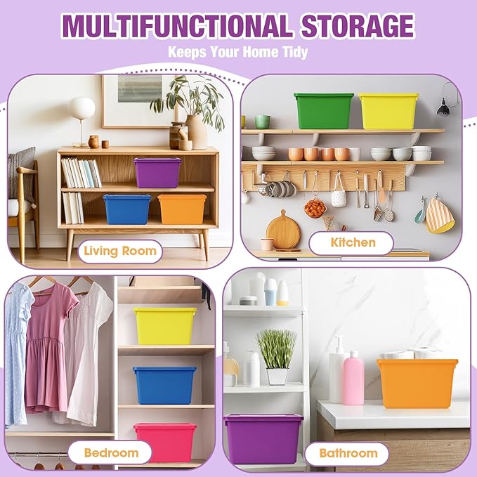 6 Pack Cute Plastic Storage Bins with Lids Decorative Stackable Storage Boxes 9.8" ×7.3" ×5.7" Small Storing Totes for Organizing Craft Office Supplies (Colorful)