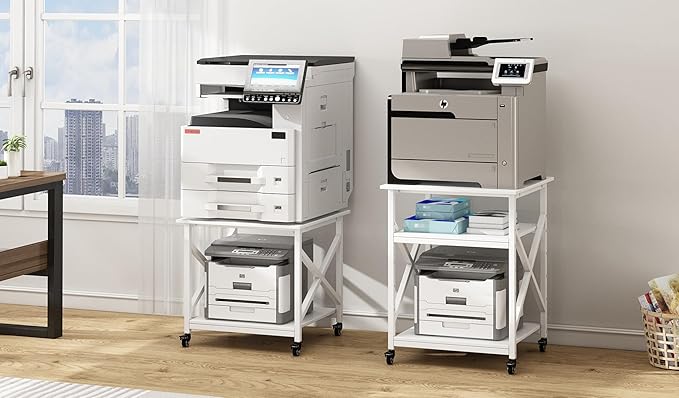 Large Printer Stand with Height Adjustable Storage Shelf, 23.6 x 23.6 Inches Square Printer Table with Industrial Wheels, Multi-use 3 Tier Rolling Printer Cart for Home Office - White